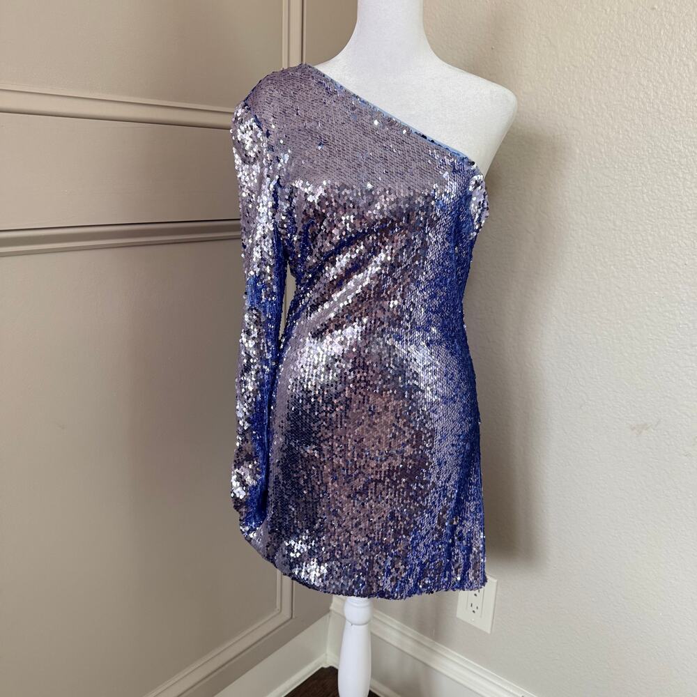 Bardot Blue Sequin One Shoulder Mini Dress Long Sleeve Size S US 4 - Picture 2 of 9